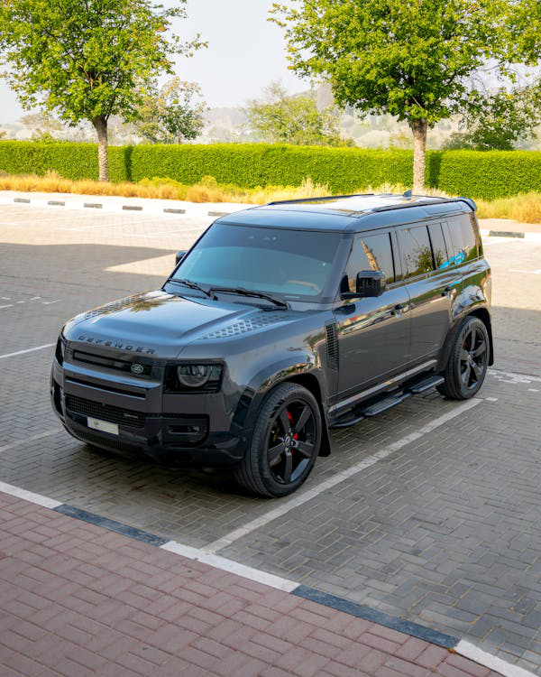 A sleek black luxury car with tinted windows parked in front of palm trees